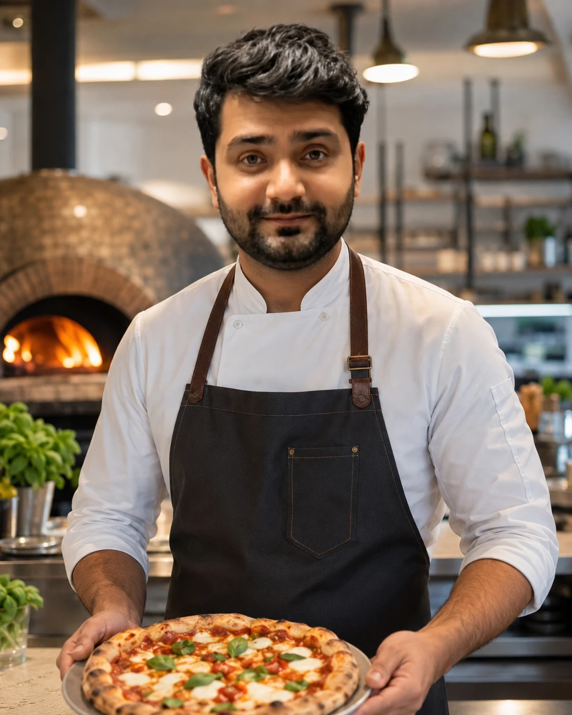Muhammad Imtiaz, Inhaber von Pizza Point, hält eine fertig gebackene Pizza