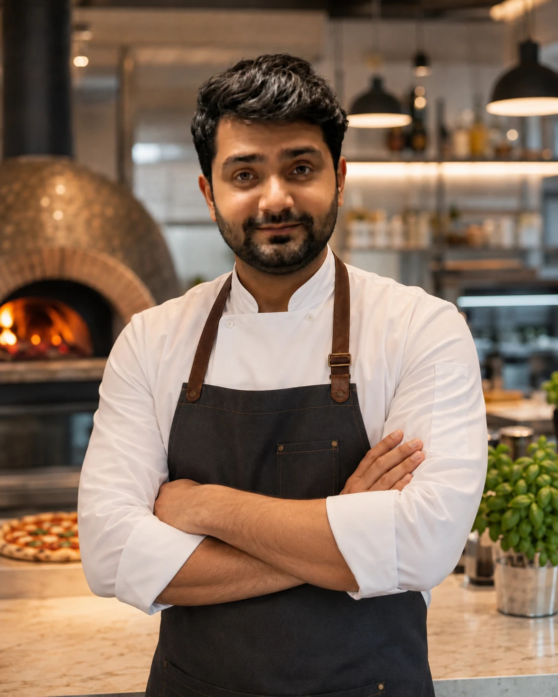 Muhammad Imtiaz, Inhaber von Pizza Point, mit verschränkten Armen vor dem Pizzaofen