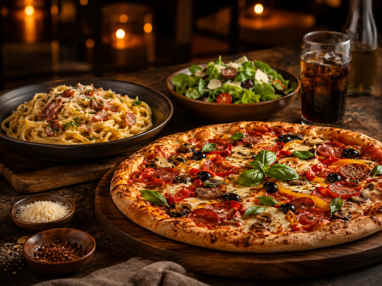 Frisch zubereitete Pizza mit Beilagen auf einem Holztisch